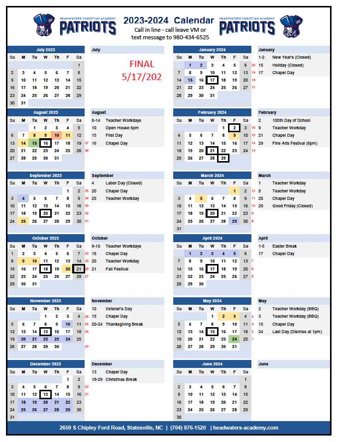 20232024 Calendar Headwaters Academy